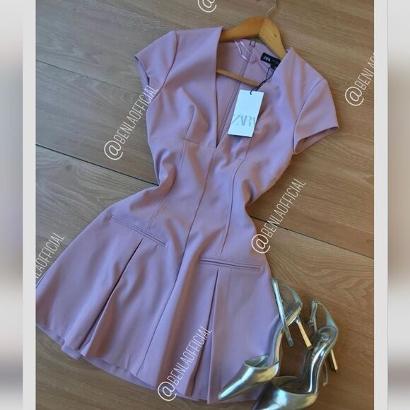 NWT ZARA SHORT PLEATED DRESS trend pink barbie soft Powder Pink Mini Dress - Picture 9 of 9